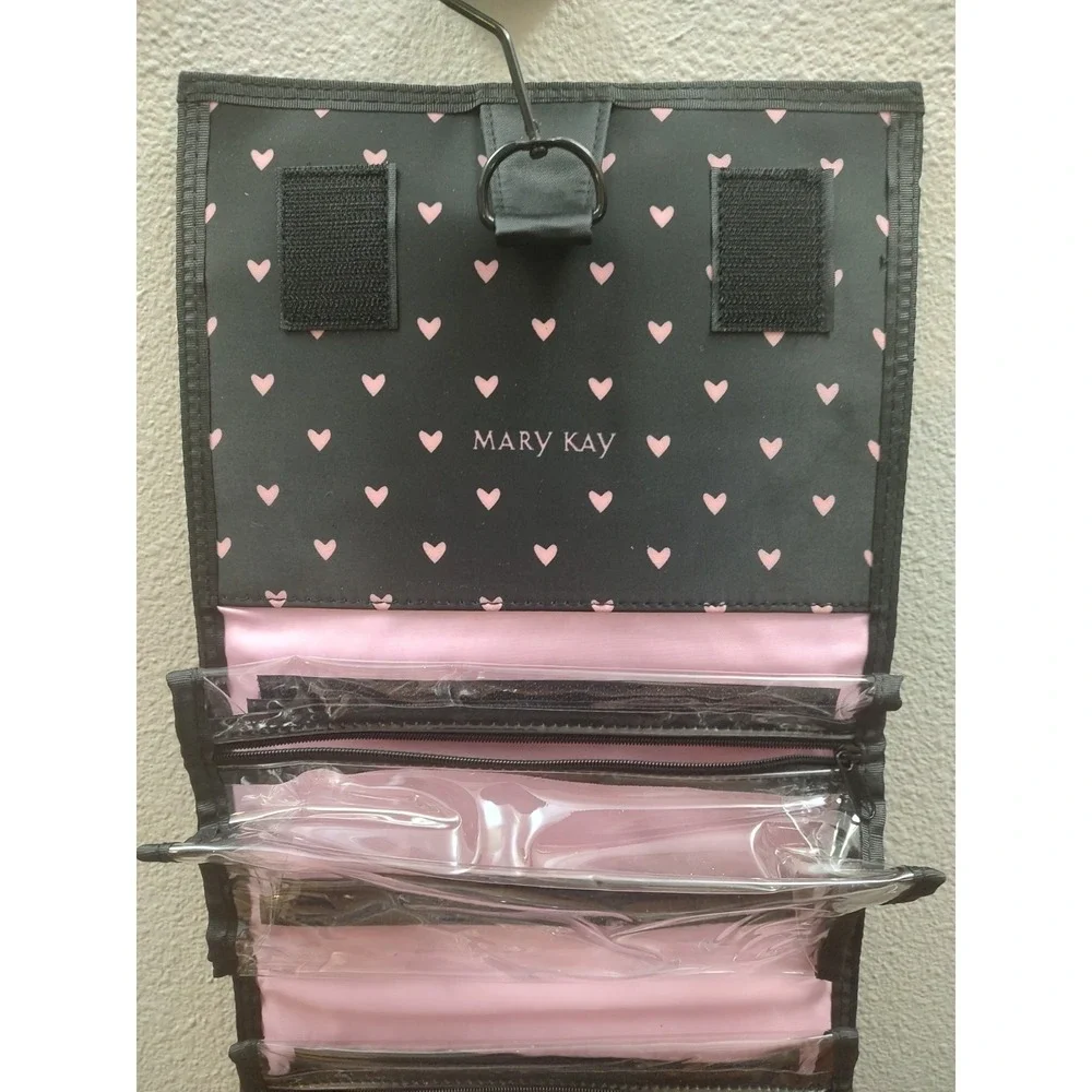 Mary Kay Travel Roll Up Bag Black Pink Hearts Hanging Organizer Cosmetic D4